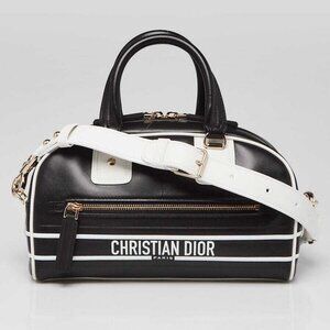 Christian Dior Black/White Leather Small Vibe Zip Bowling Bag